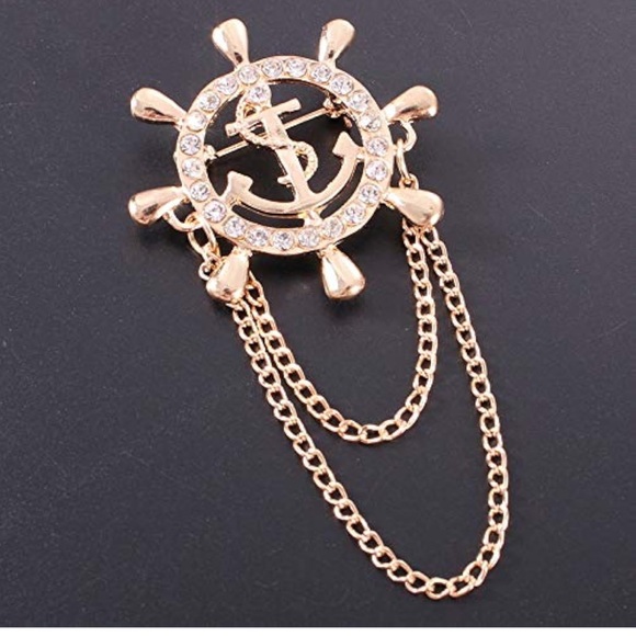 Rudder Brooch for Women Men Rhinestone Anchor Rudder Brooch Pins Chain Fashion - Picture 4 of 9